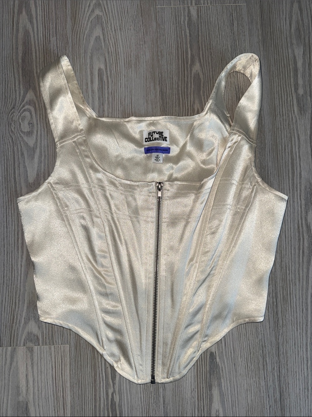 Future Collective Women’s Satin Cream Corset top with Front Zip